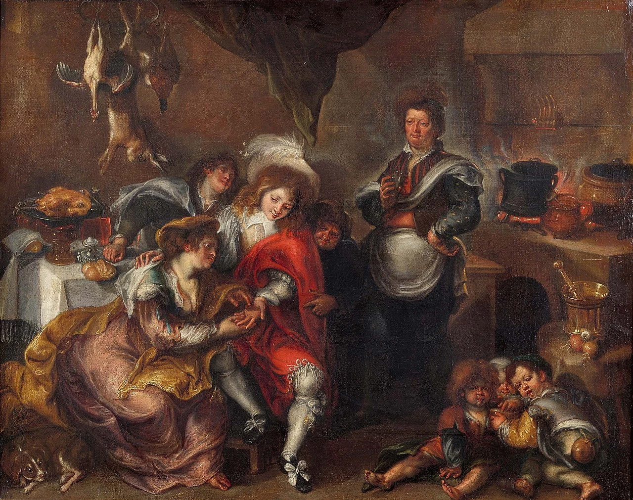Interno di cucina con cartomante e giovane nobile